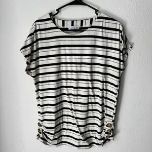 89th + Madison Womens‎ Black White Striped Side Button Short Sleeve Top Large